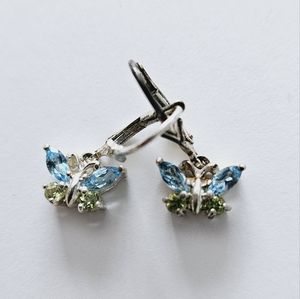 Vintage Aquamarine and Peridot Silver Butterfly Earrings